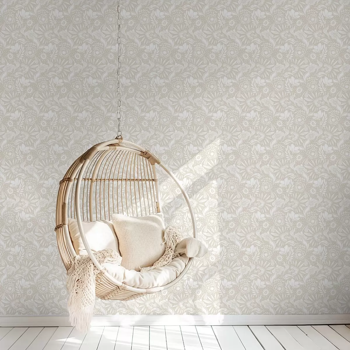 Шпалери Білий лінійний квітковий орнамент на бежевому тлі a00956