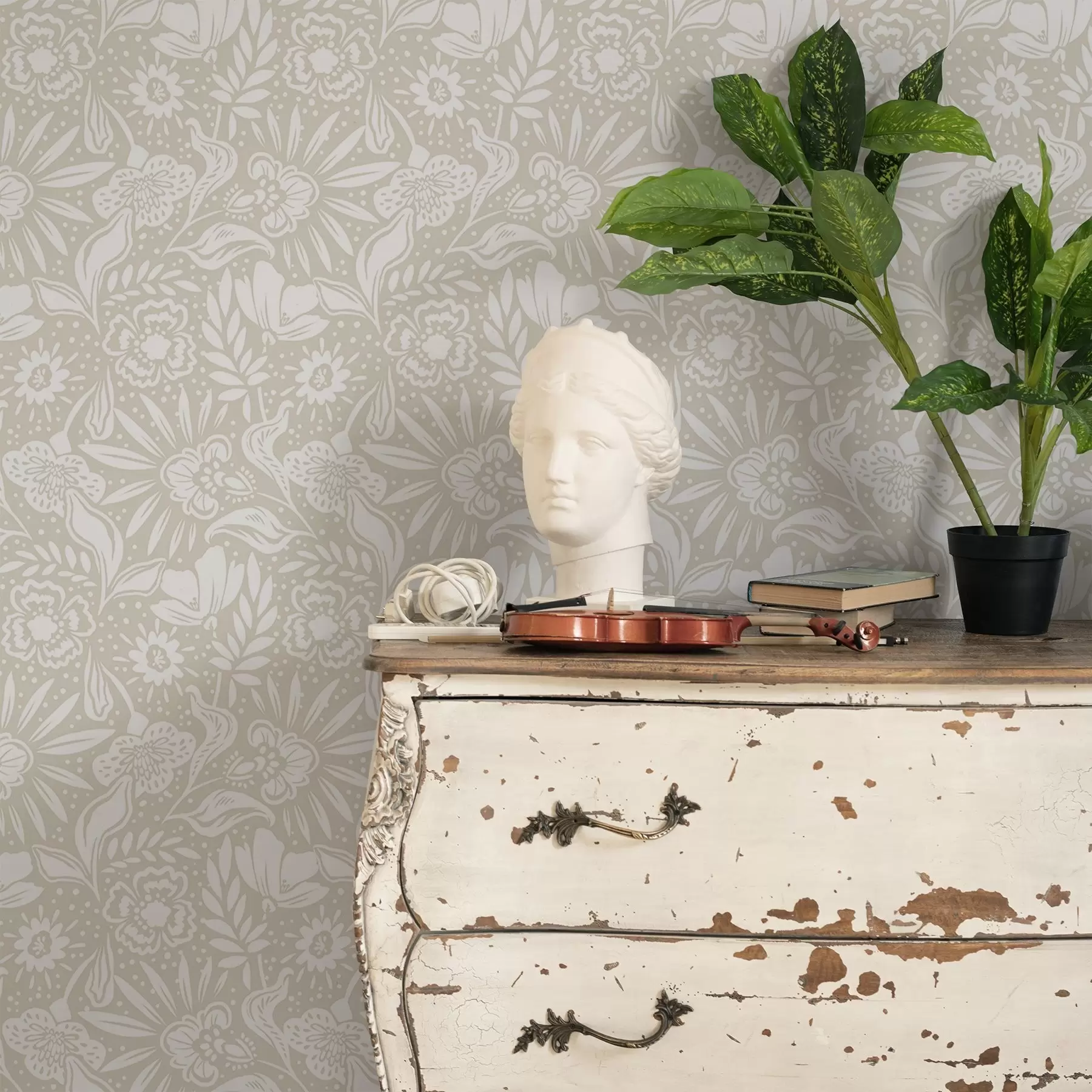 Шпалери Білий лінійний квітковий орнамент на бежевому тлі a00956