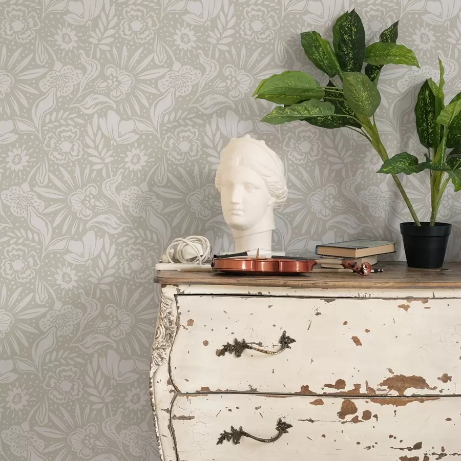 Шпалери Білий лінійний квітковий орнамент на бежевому тлі a00956