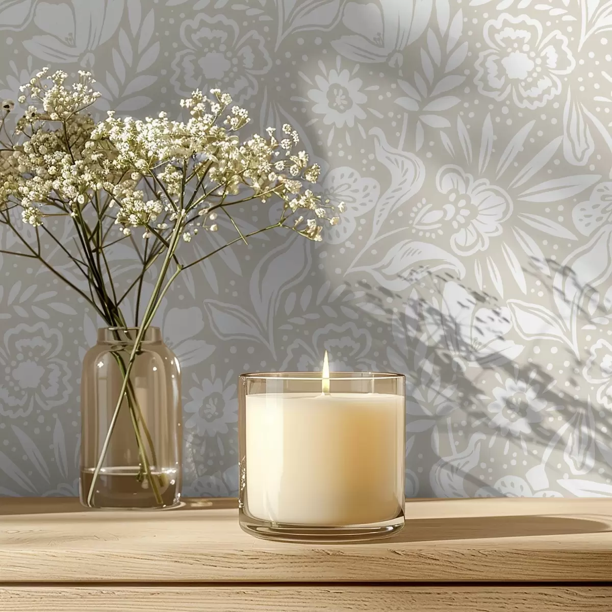 Шпалери Білий лінійний квітковий орнамент на бежевому тлі a00956