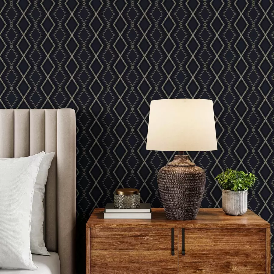 Шпалери Темно-синя ромбоподібна сітка з тонкими світлими лініями a00975