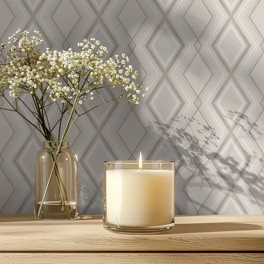 Шпалери Світло-бежевий фон з багатошаровою ромбоподібною сіткою a00975v2