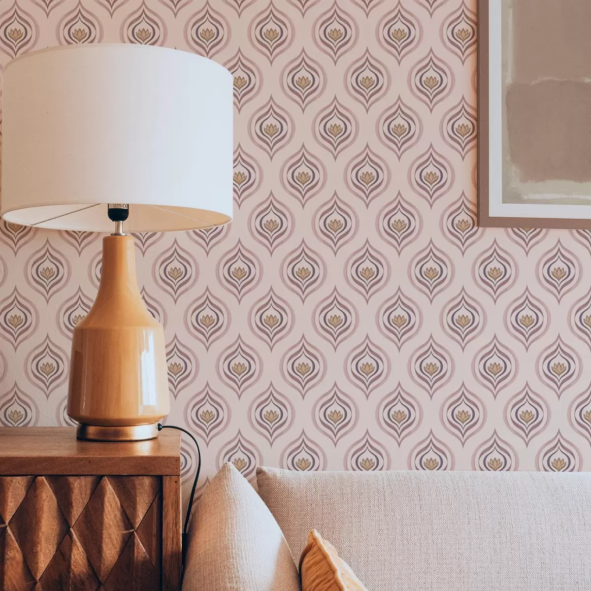 Шпалери Ритмічний мотив краплі з квіткою на пудровому тлі a00977