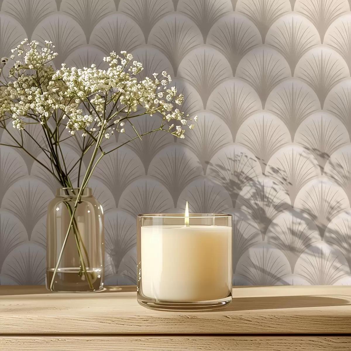 Шпалери Бежеві віялоподібні арки з тонкими променями на світлому тлі a00978