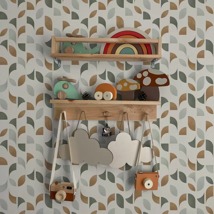 Шпалери Абстрактні півкола та листя зеленого та теракотового кольорів a00985