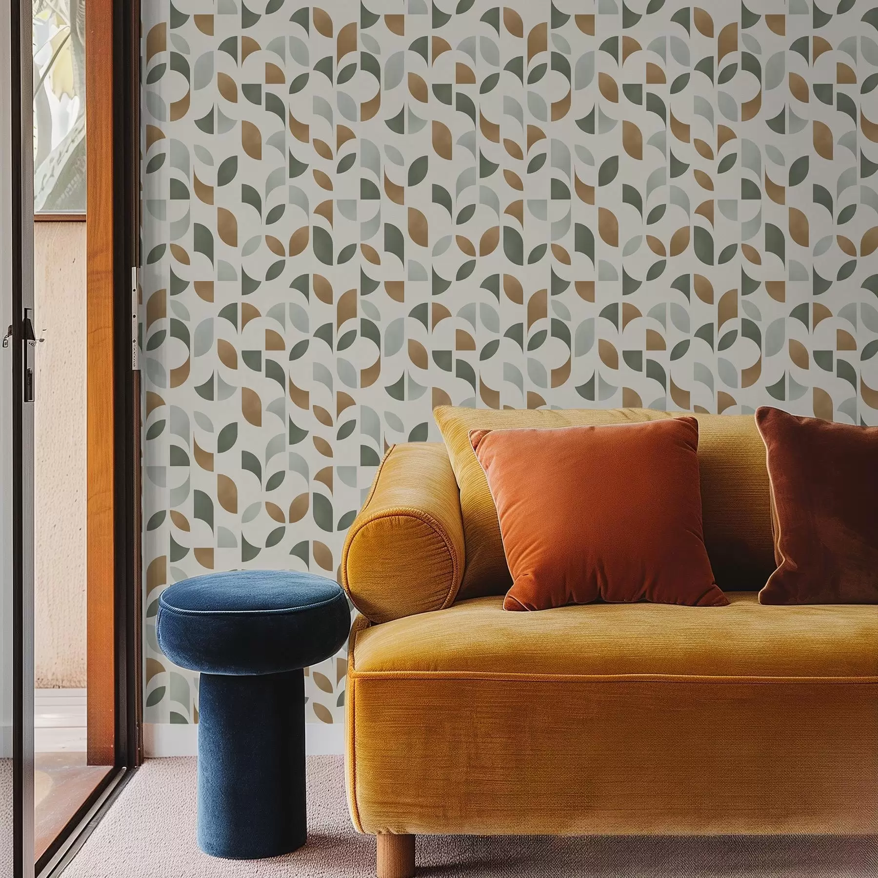 Шпалери Вертикальні колони з півколами та листям, зелено-теракотові a00986