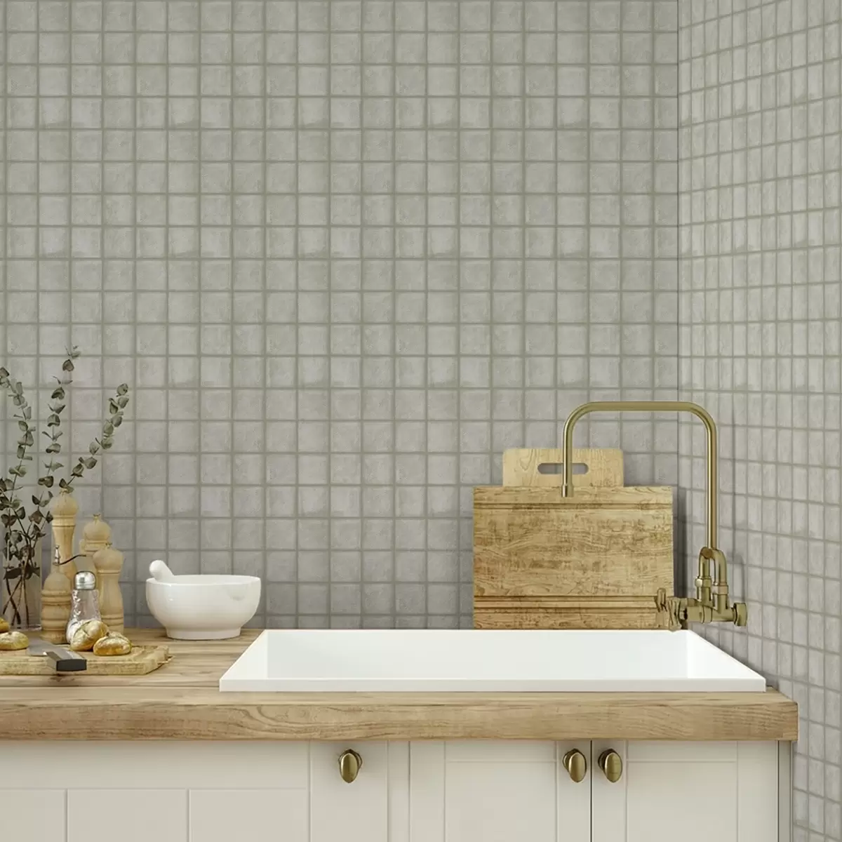 Шпалери Імітація квадратної плитки в м'якій сіро-зеленій палітрі a00988