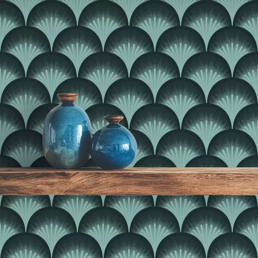 Шпалери Контрастні м'ятні віяла на майже чорному тлі a00990