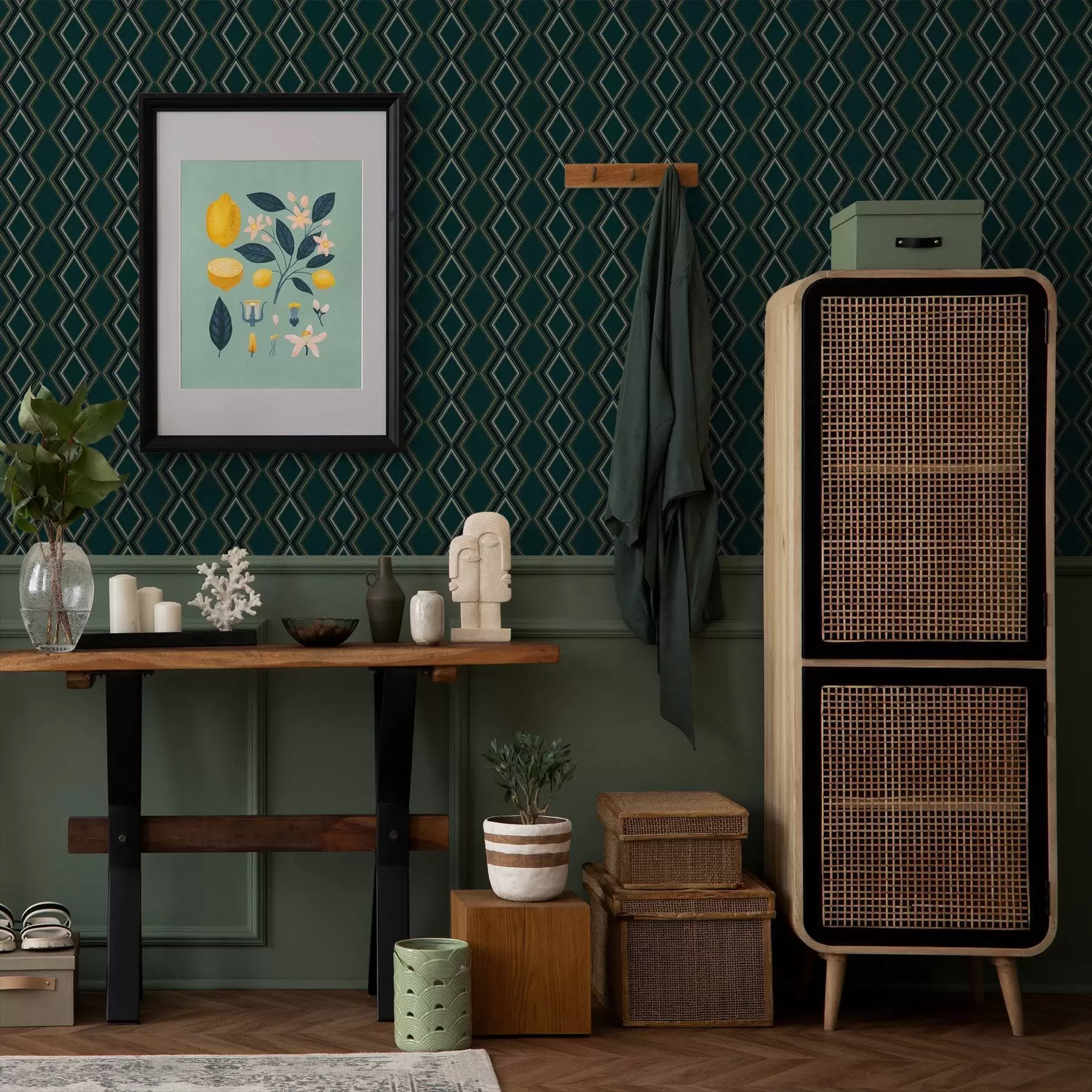 Шпалери Темно-синьо-зелений фон з вертикальними рядами ромбів a00976