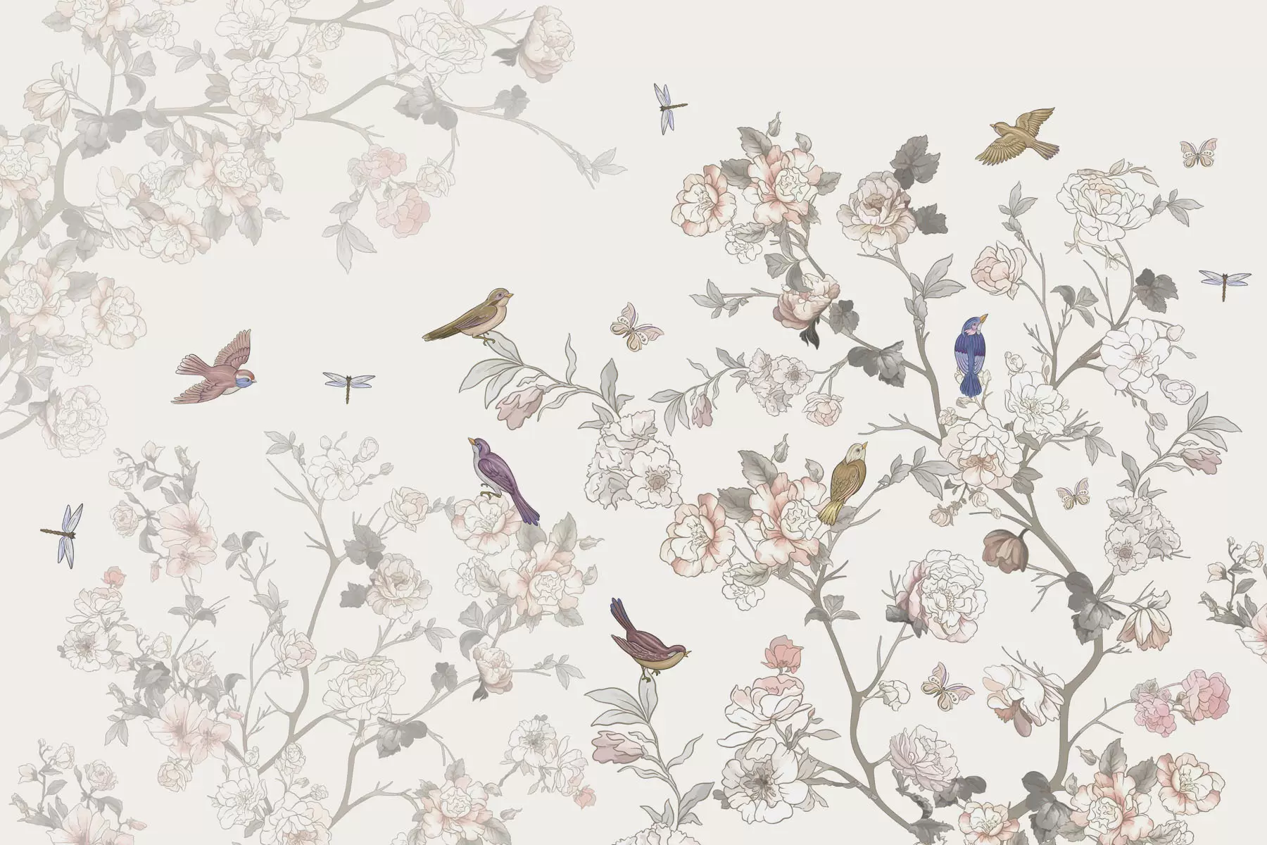 Шпалери Птахи біля гілок з квітами w04939