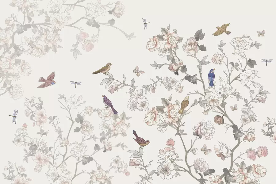 Шпалери Птахи біля гілок з квітами w04939