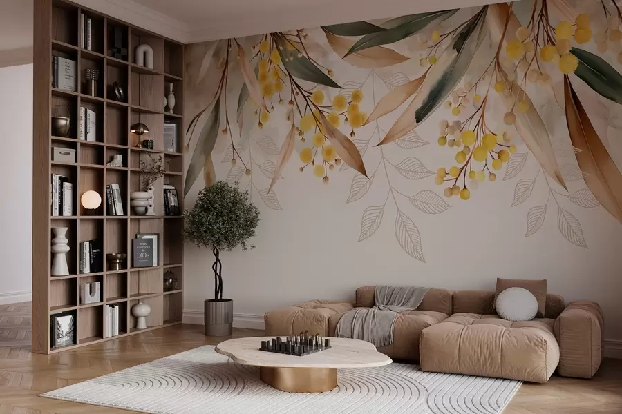 Шпалери квіти і листя мімози, що падають зверху в стилі акварелі w04880