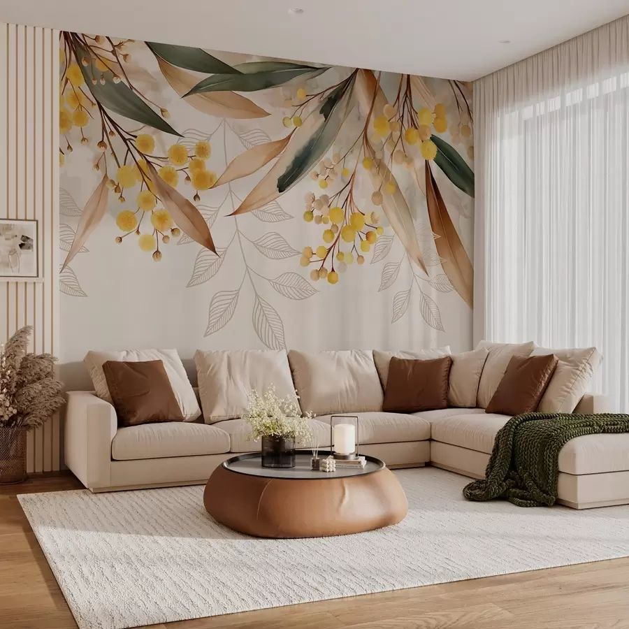 Шпалери квіти і листя мімози, що падають зверху в стилі акварелі w04880