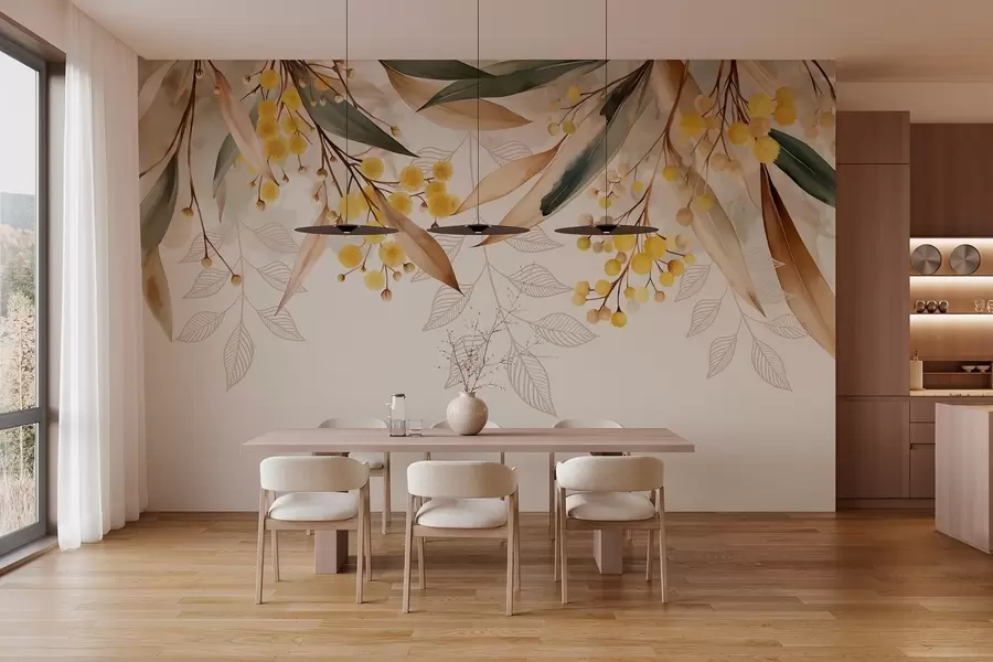 Шпалери квіти і листя мімози, що падають зверху в стилі акварелі w04880