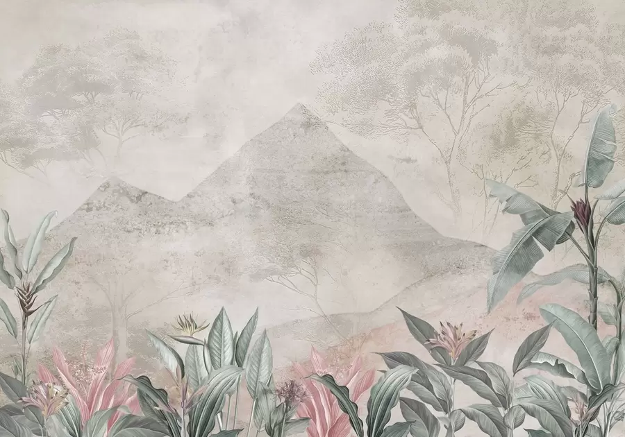 Шпалери Пастельні бананові листя і тропічні квіти на тлі гір w04933