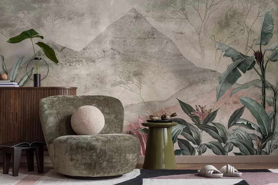 Шпалери Пастельні бананові листя і тропічні квіти на тлі гір w04933