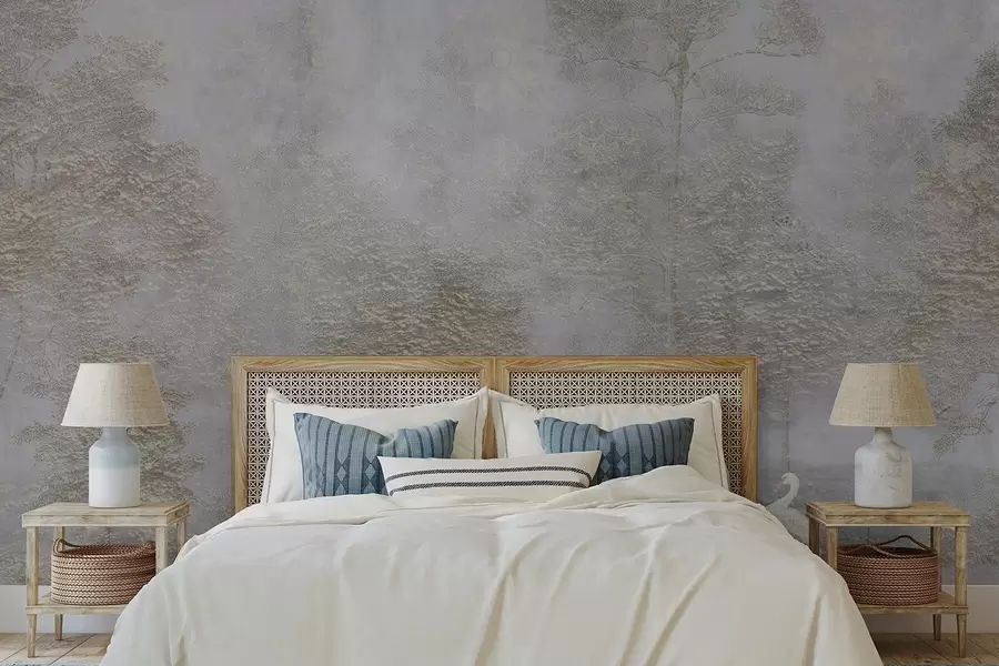 Шпалери Туманний ліс з білою чаплею і м'якою текстурою w04953