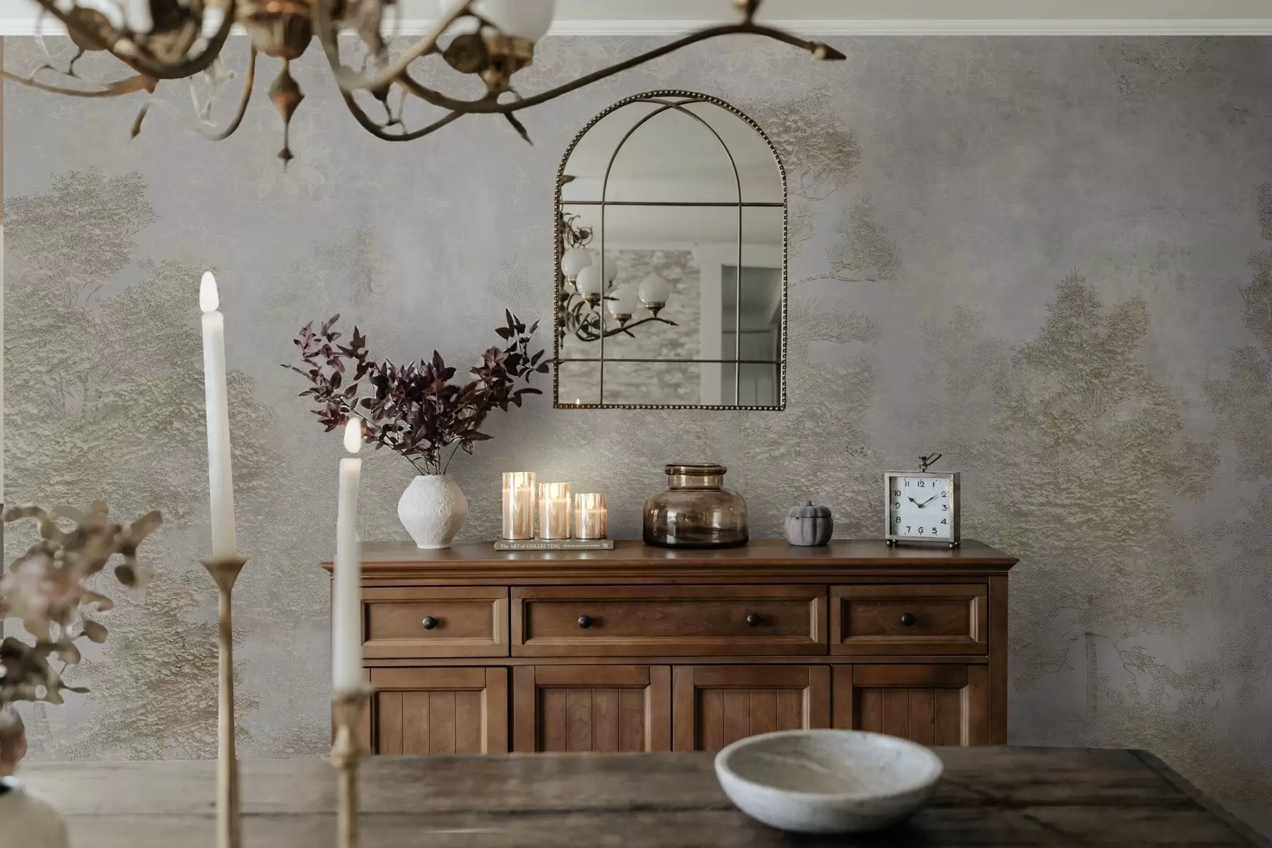 Шпалери Туманний ліс з білою чаплею і м'якою текстурою w04953