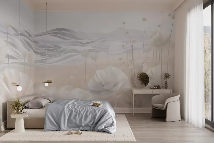 Шпалери Текстуроване поле кремових маків з горбистими пагорбами під блідо-блакитним небом з м'якими хмарами, пастельні кольори w09553