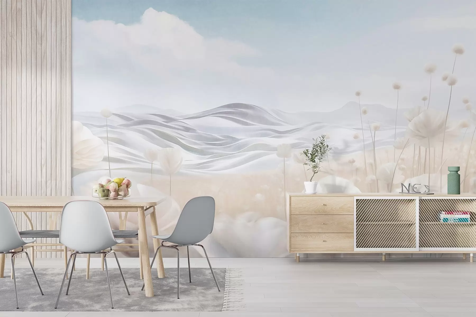 Шпалери Текстуроване поле кремових маків з горбистими пагорбами під блідо-блакитним небом з м'якими хмарами, пастельні кольори w09553