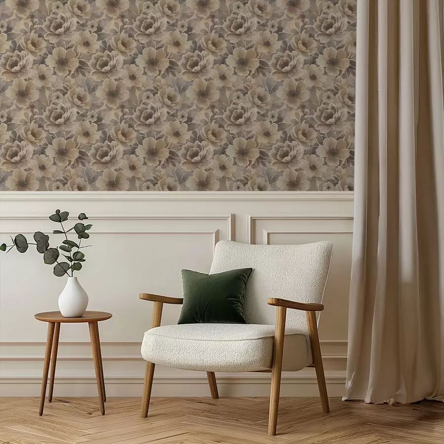 Шпалери Мальовничі бежеві квіти на димчастому абстрактному тлі a00884