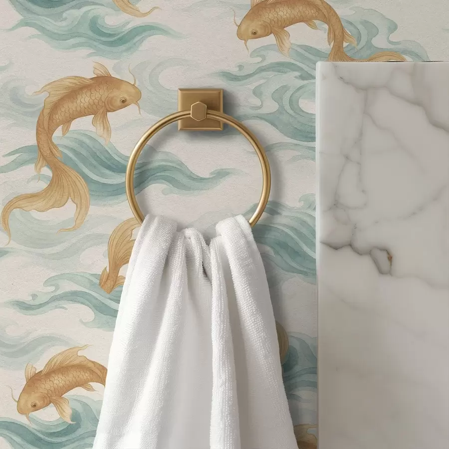 Шпалери Бурштинова риба коі, що плаває серед м'яких бірюзових хвиль a00894