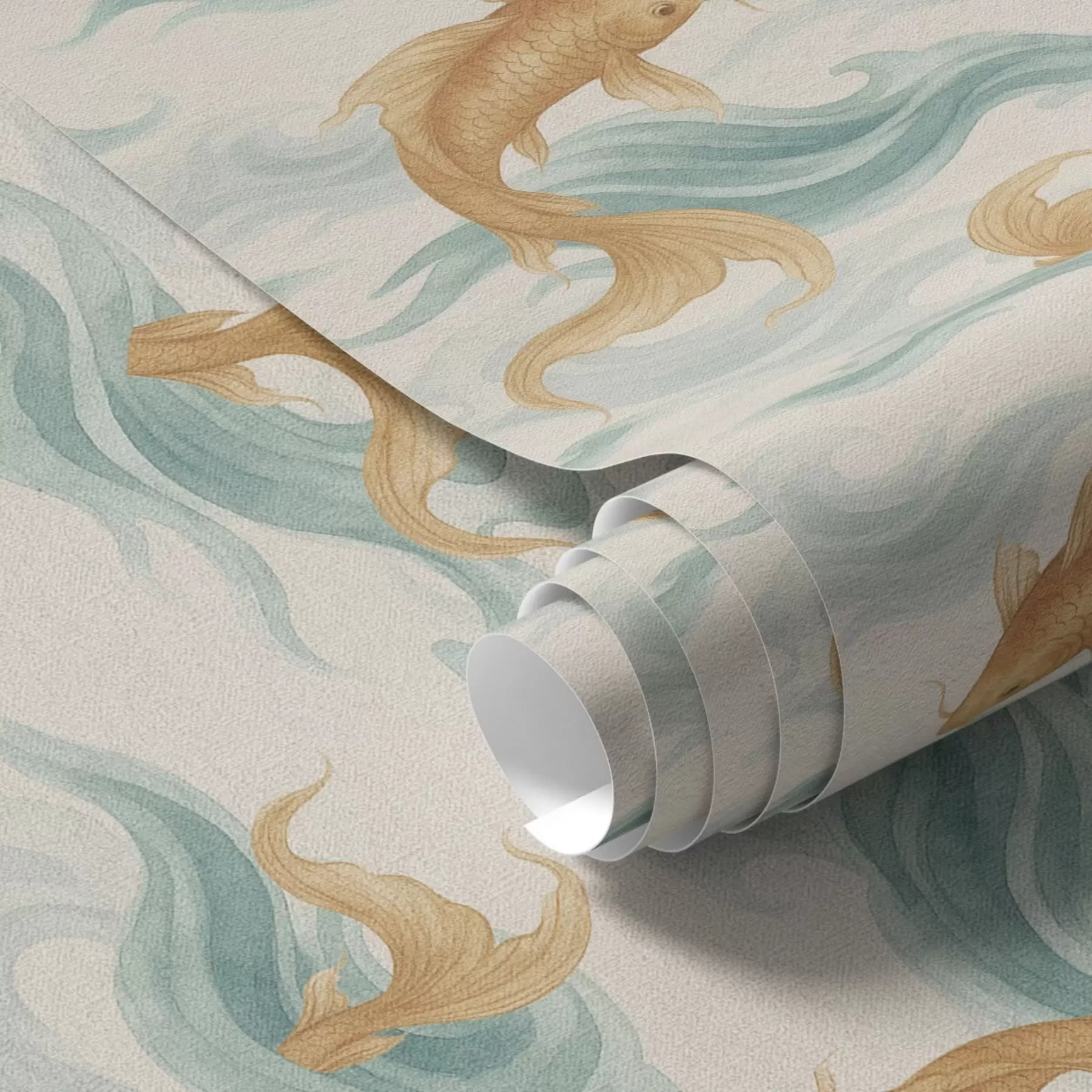 Шпалери Бурштинова риба коі, що плаває серед м'яких бірюзових хвиль a00894