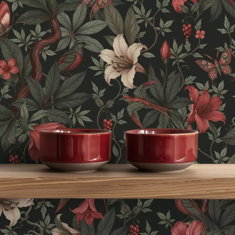 Шпалери Темні джунглі з квітами, птахами та метеликами a00895