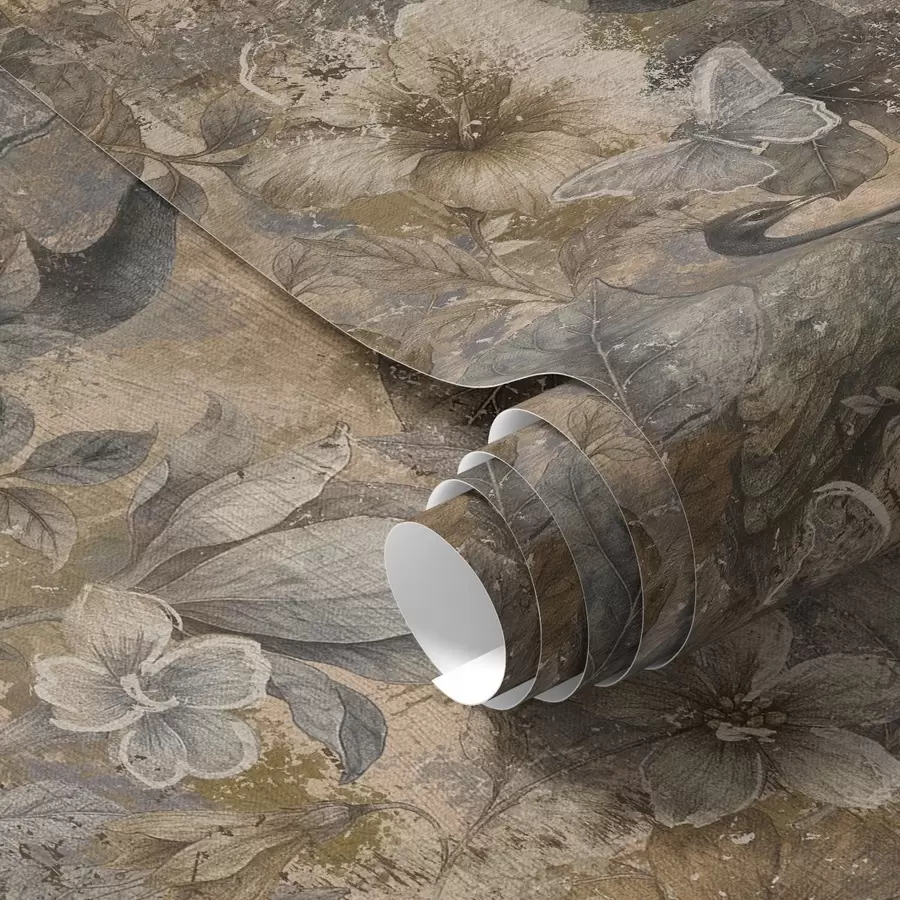 Шпалери Старовинний квітковий колаж з павичами та метеликами a00897