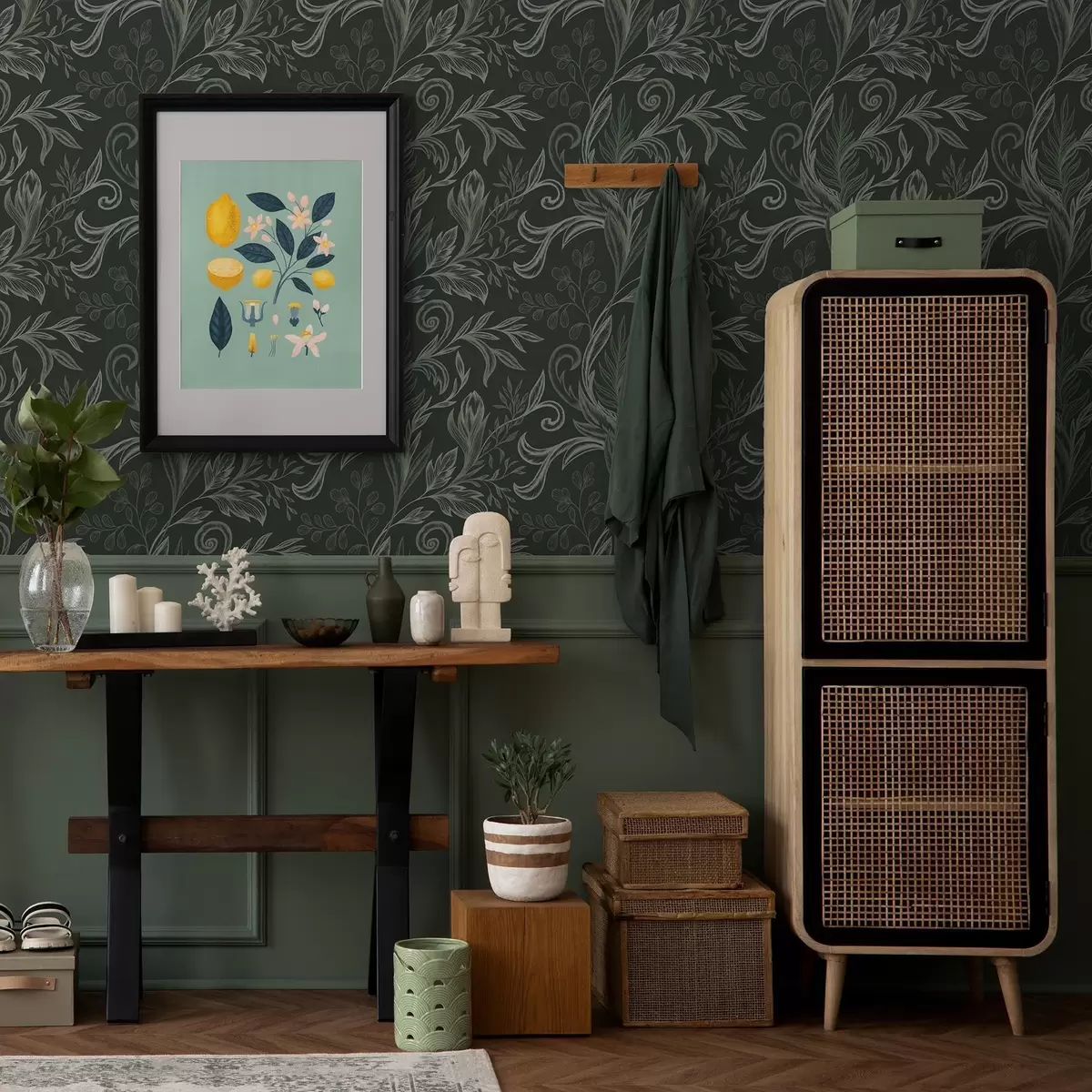 Шпалери Глибокий ліс з завиткими листям у крейдяно-зелених тонах a00935v2