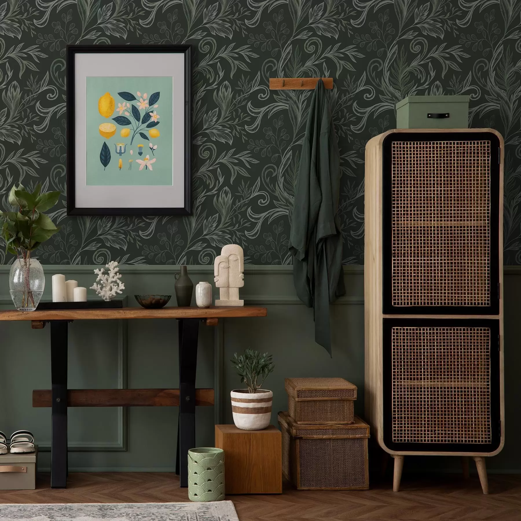 Шпалери Глибокий ліс з завиткими листям у крейдяно-зелених тонах a00935v2