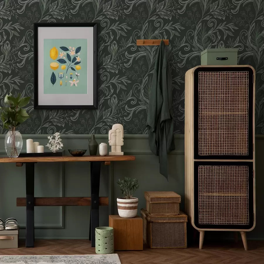 Шпалери Глибокий ліс з завиткими листям у крейдяно-зелених тонах a00935v2