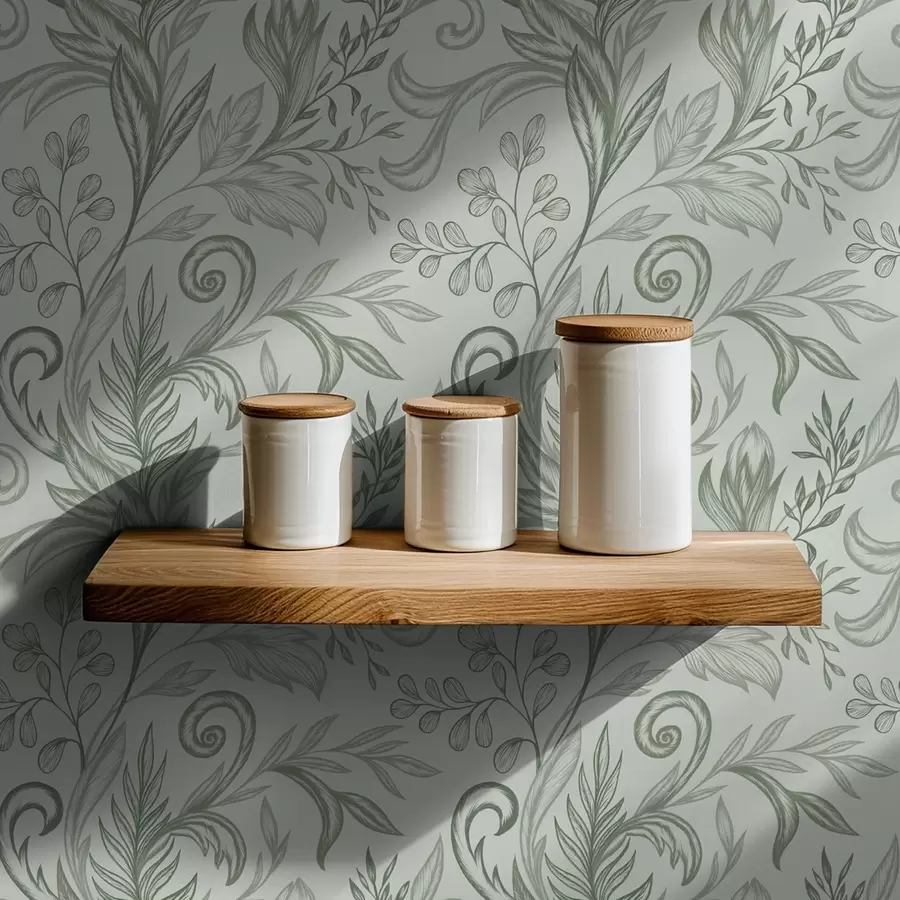 Шпалери М'які м'ятні завиті листки з ніжними сіро-зеленими лініями a00935v3