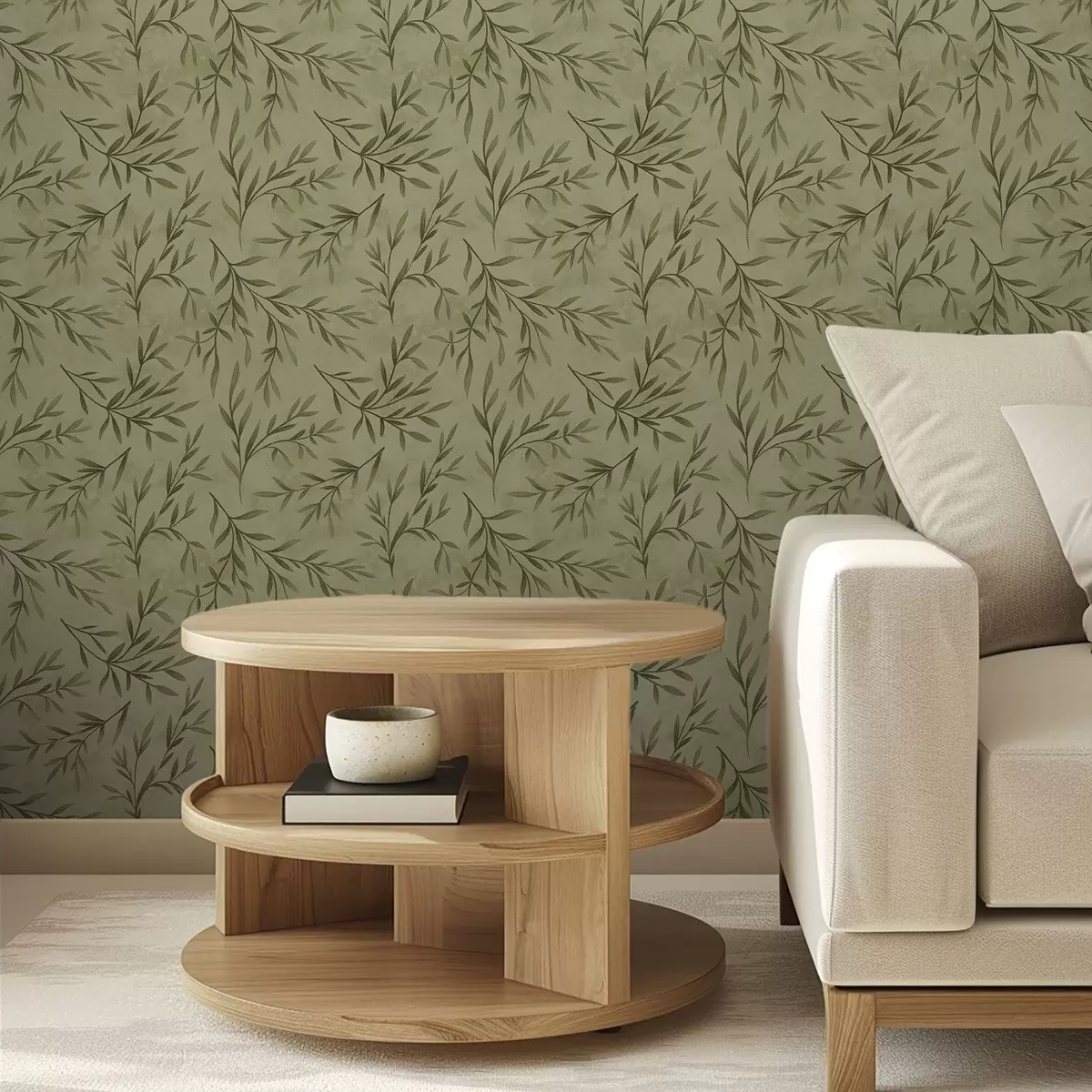 Шпалери Гілочки оливи на приглушеному жовто-зеленому текстурованому тлі a00936