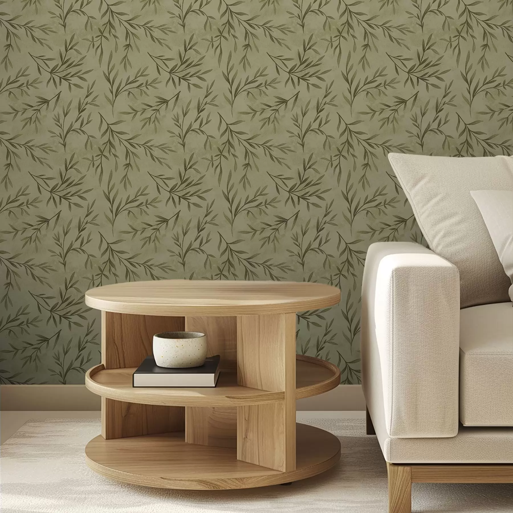 Шпалери Гілочки оливи на приглушеному жовто-зеленому текстурованому тлі a00936