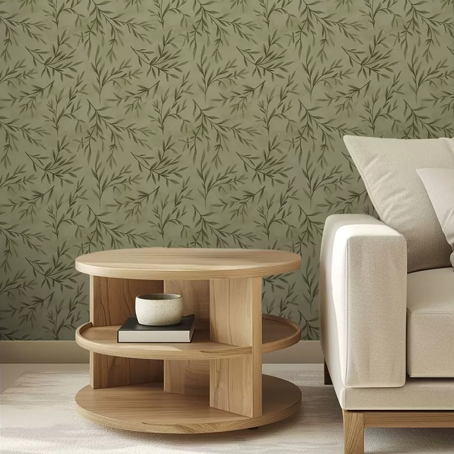 Шпалери Гілочки оливи на приглушеному жовто-зеленому текстурованому тлі a00936