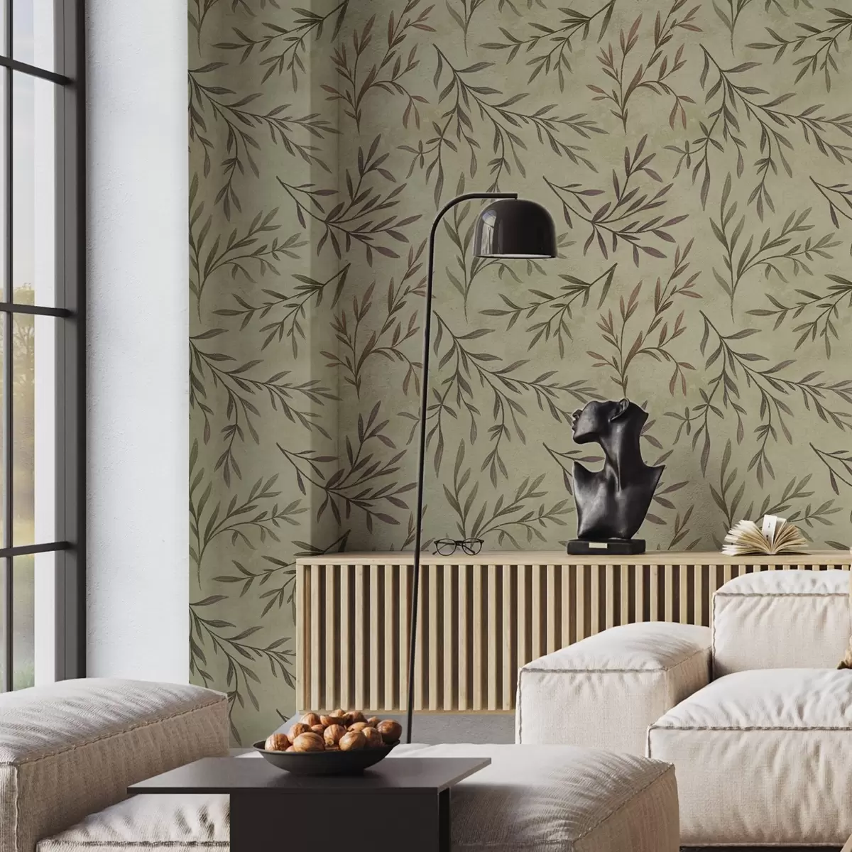 Шпалери Бузкові та зелені гілки з листям на теплому тлі a00936v4