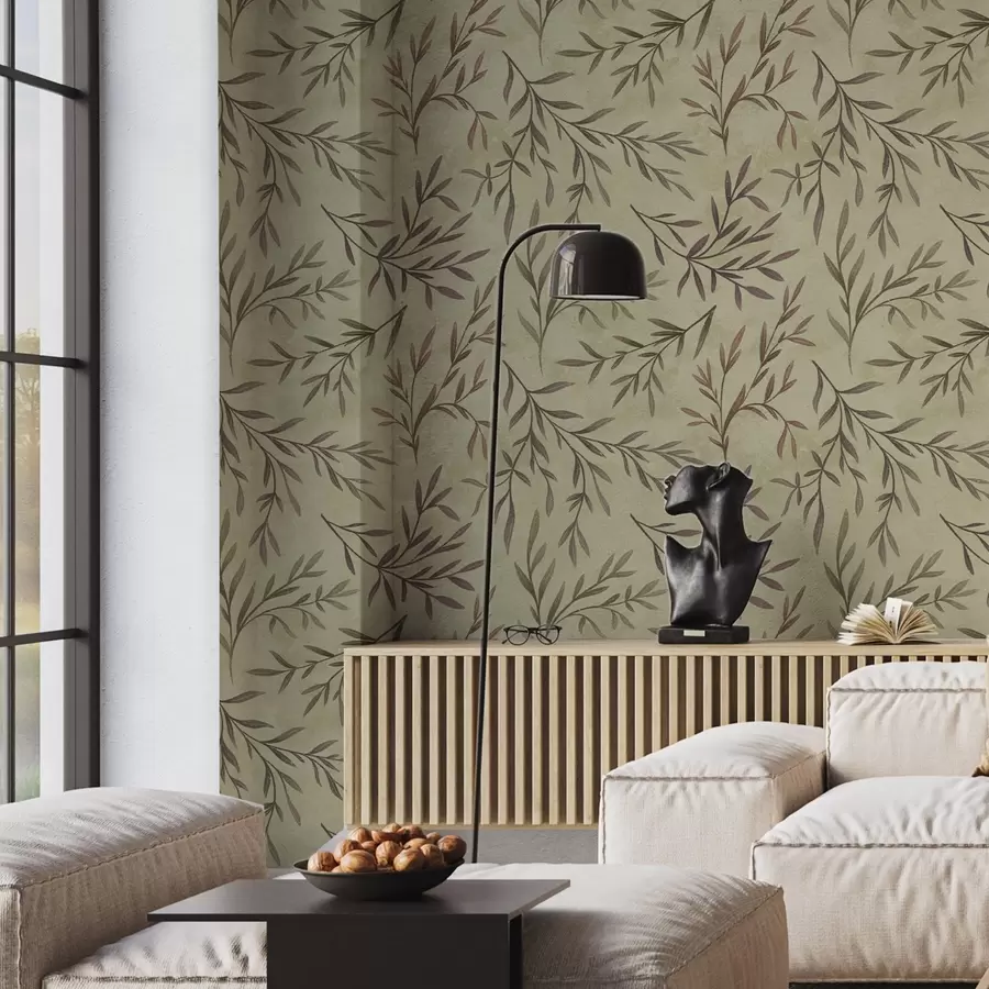 Шпалери Бузкові та зелені гілки з листям на теплому тлі a00936v4