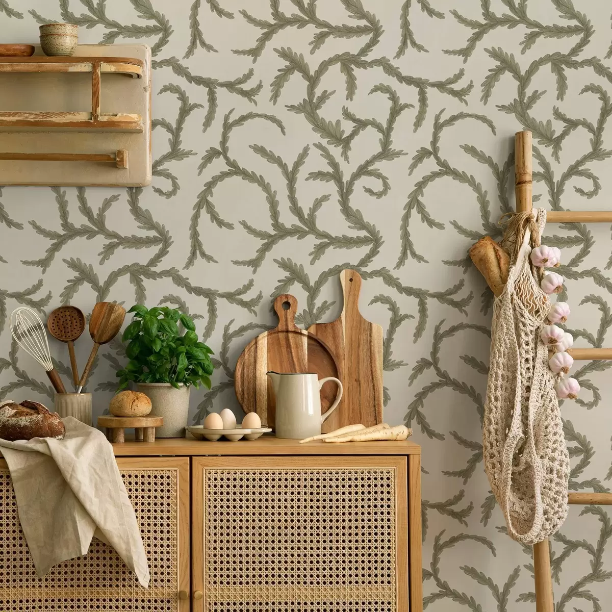 Шпалери М'які зелені хвойні локони на світлому тлі a00938