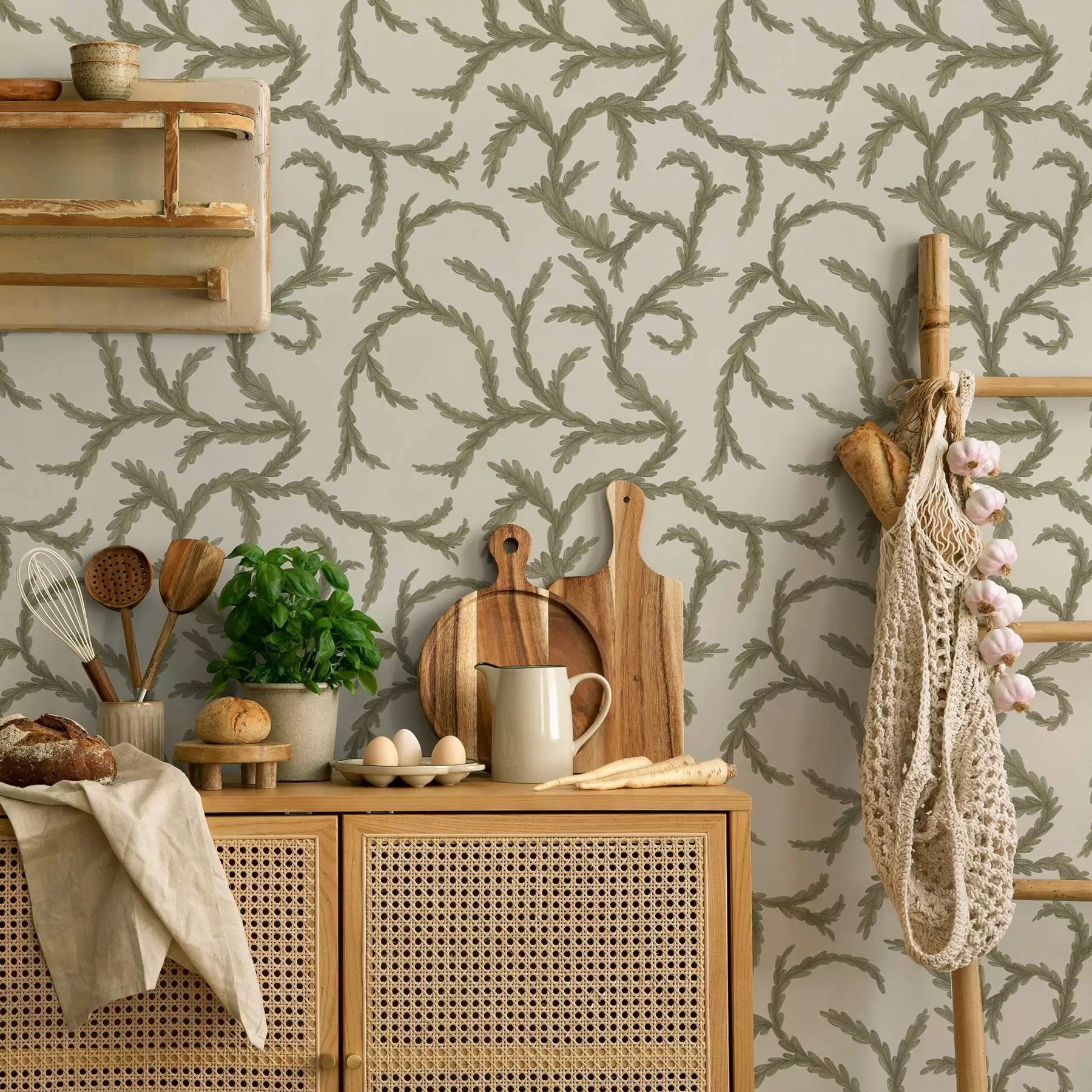 Шпалери М'які зелені хвойні локони на світлому тлі a00938