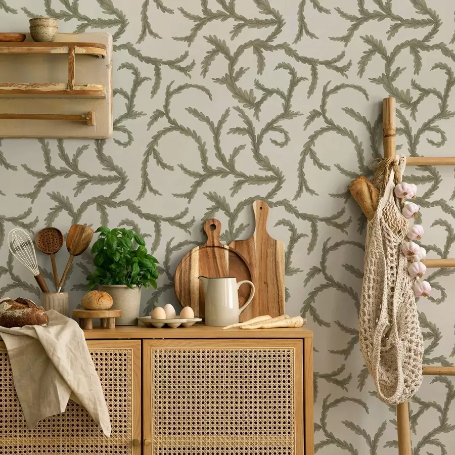 Шпалери М'які зелені хвойні локони на світлому тлі a00938