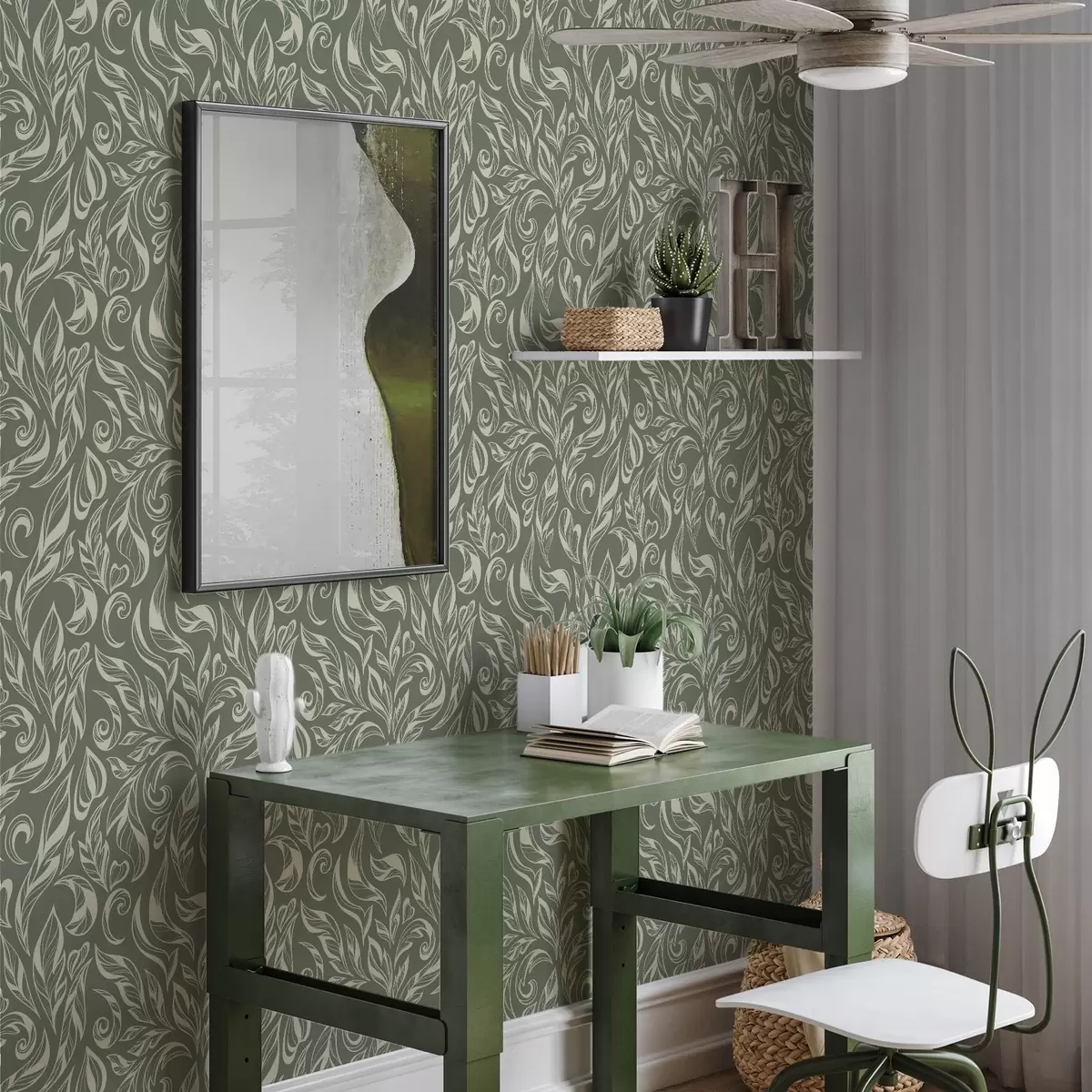 Шпалери Кремовий листовий орнамент на зеленувато-сірому тлі a00940v2