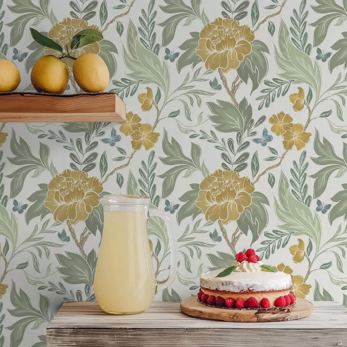 Шпалери Великі жовті півонії та зелень на світлому тлі a00941