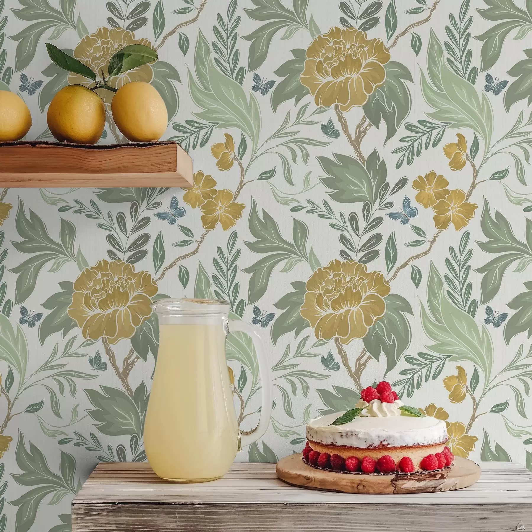 Шпалери Великі жовті півонії та зелень на світлому тлі a00941