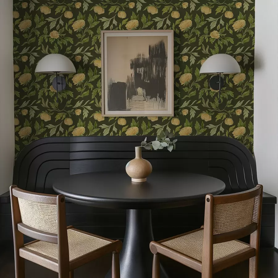 Шпалери Жовті півонії на насиченому темно-зеленому тлі a00942v1