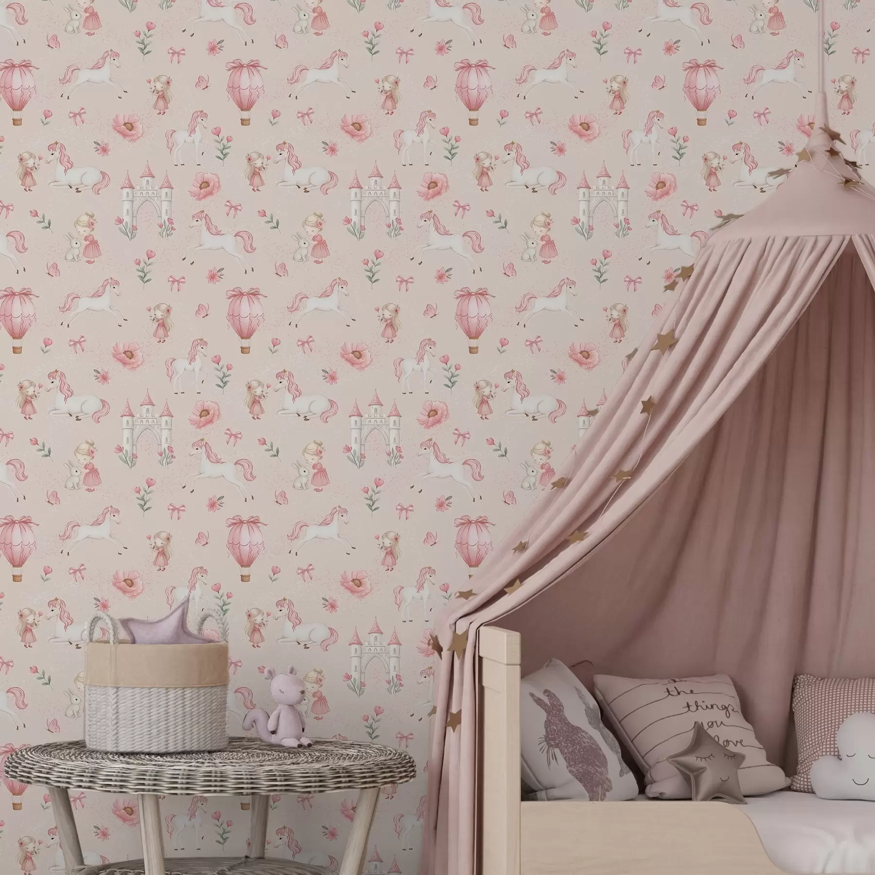 Шпалери Рожеві єдинороги, маленькі дівчатка і замок на м'якому тлі a00957
