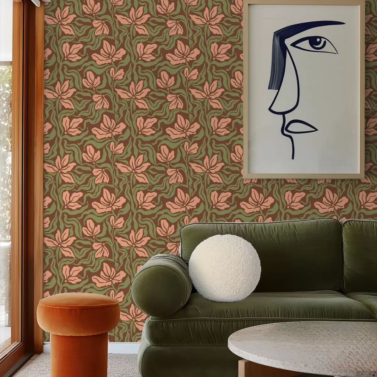 Шпалери Квіти персика і зелень на темно-коричневому тлі a00958v2