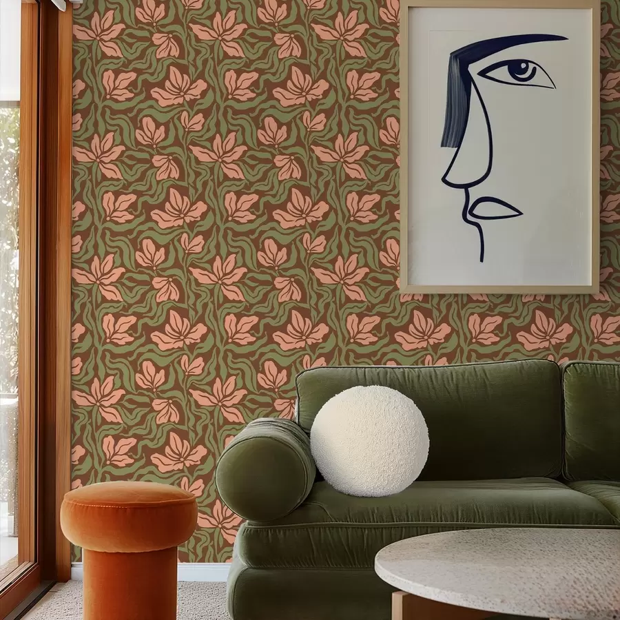 Шпалери Квіти персика і зелень на темно-коричневому тлі a00958v2