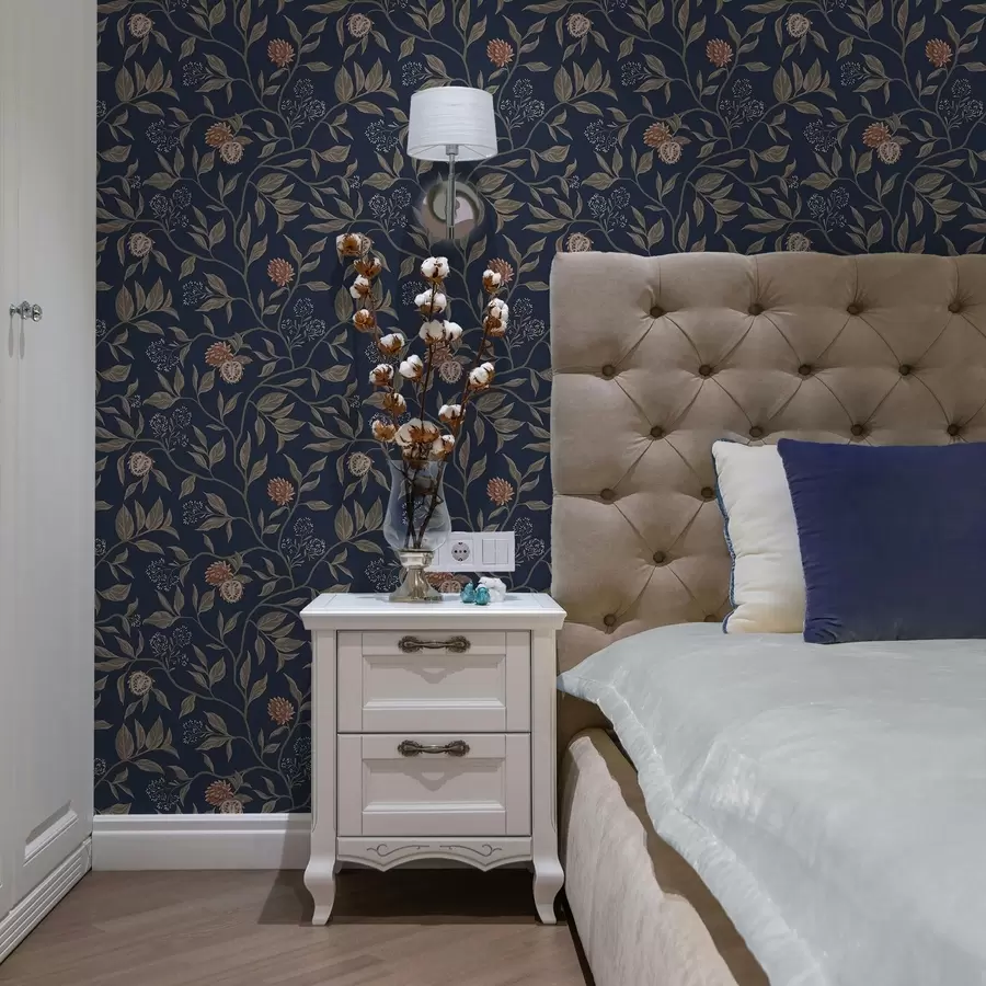 Шпалери Блакитний сад з гілками, плодами та крихітними квіточками a00959