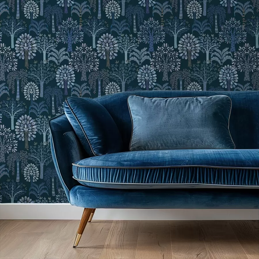 Шпалери Нічний ліс з декоративними деревами в блакитних відтінках a00960v2